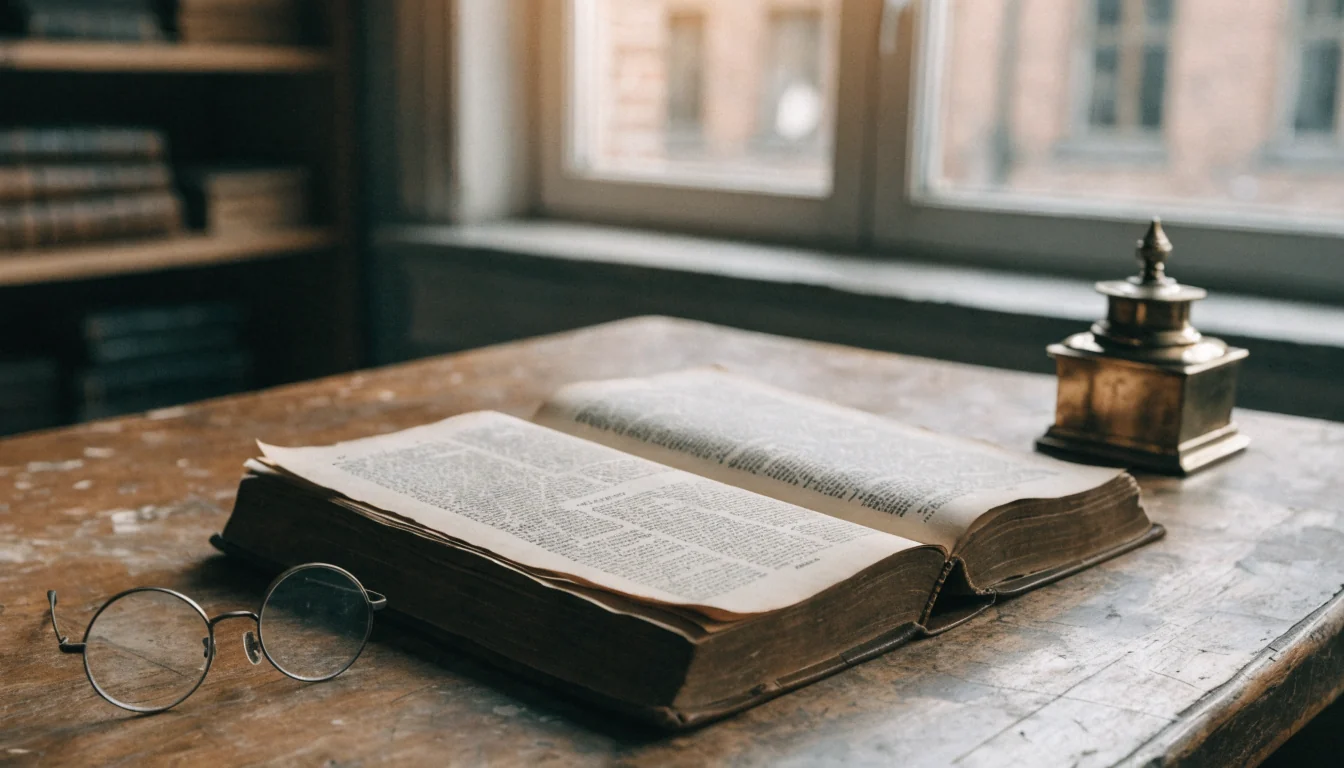 Offenes altes Buch mit Lesebrille und Tintenfass auf Holzschreibtisch