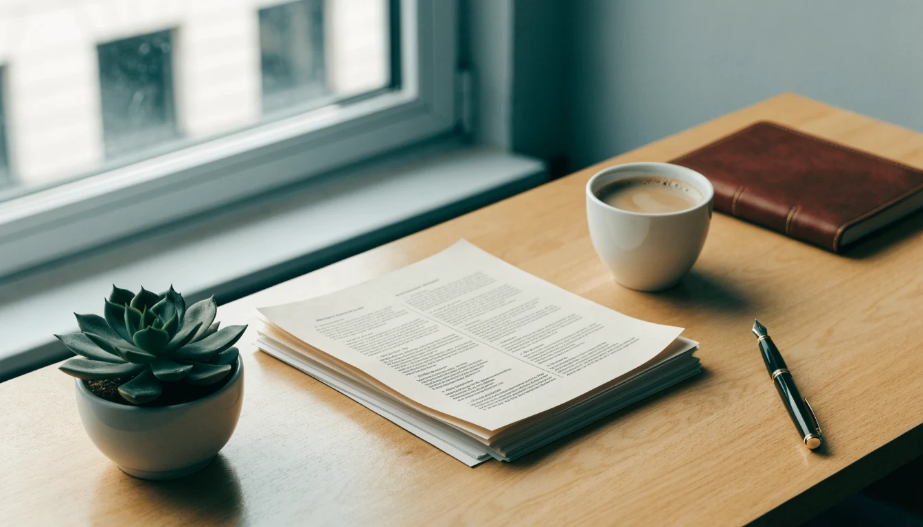 Aufgeräumter Schreibtisch mit Dokumenten, Füllfederhalter und Kaffeetasse in einem deutschen Büro