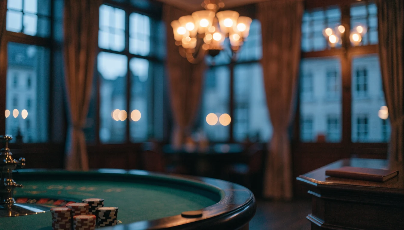 Leere Spielbank-Lounge mit Roulette-Tisch in warmem Abendlicht