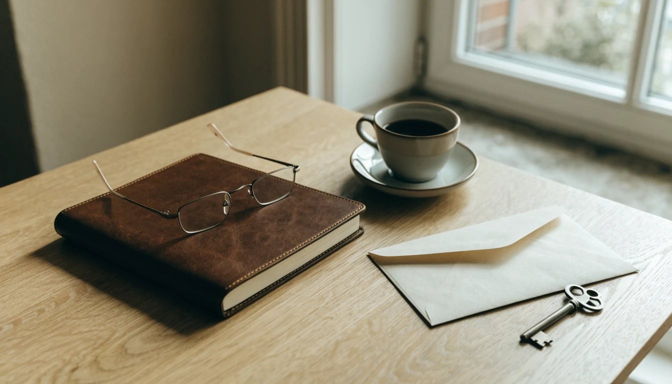 Notizbuch, Brille und Schlüssel auf einem Schreibtisch bei Tageslicht