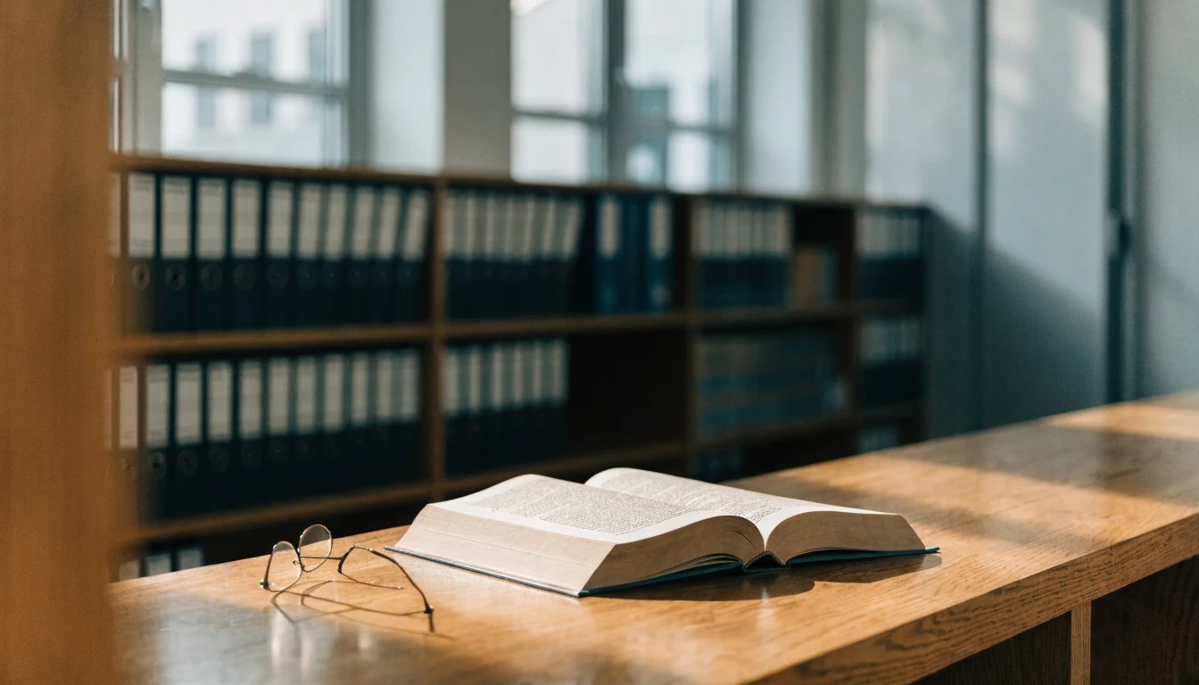 Helle Bibliothek mit aufgeschlagenem Buch auf Holzlesetisch und Regalen im Hintergrund