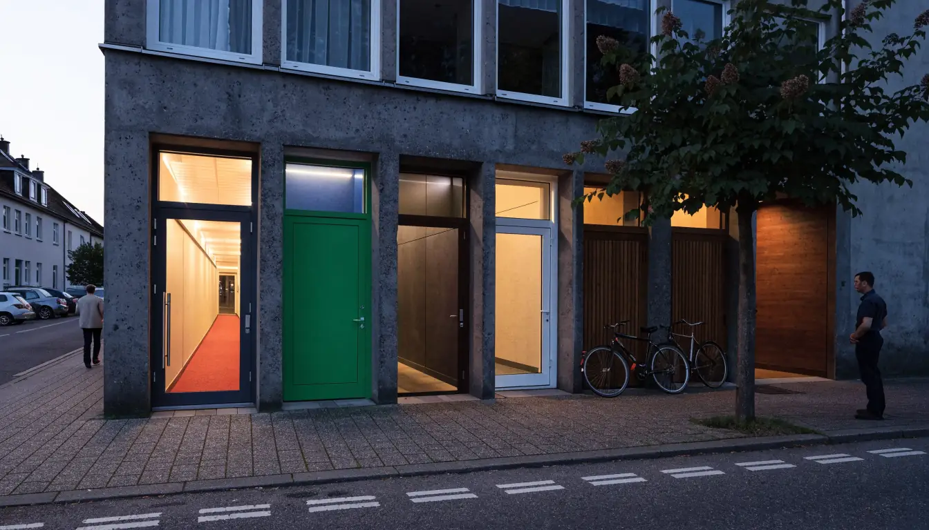 Eine Hausfassade mit mehreren unterschiedlich beleuchteten Türen