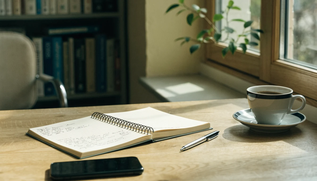 Schreibtisch einer Redaktion mit Notizbuch, Stift und Telefon.
