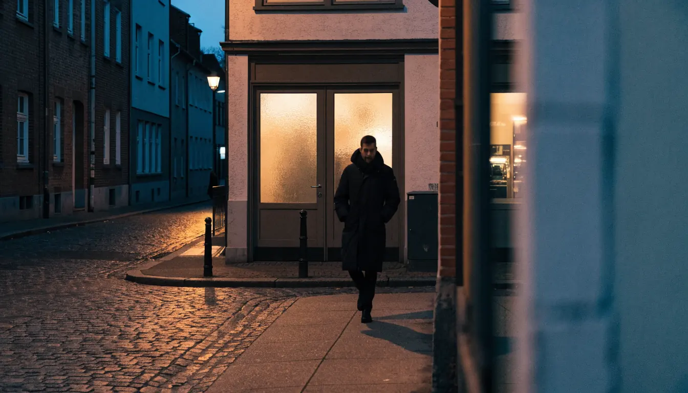 Person entfernt sich abends von einem geschlossenen Spielsalon in einer ruhigen deutschen Straße.